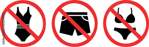 No swimwear allowed sign prohibition of swimsuit, shorts, and bikini on white background