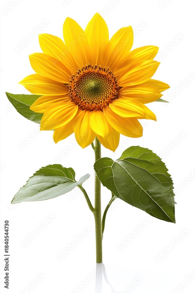 Naklejka premium Bright sunflower with green leaves and stem, isolated on a reflective white surface