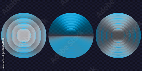 Sound wave. Signal concentric circle. Round light effect. Wifi range. Radio station signal. Water ripple with circle waves. A place or a painful point. Radar screen. Vector effect.