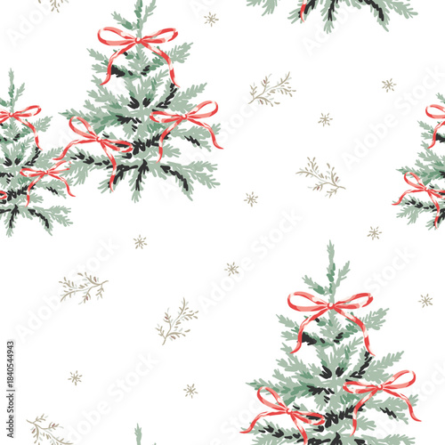 Christmas seamless pattern, fir trees, red bows, twigs, snowflakes, white background. Vector illustration. Nature design. Season greeting. Winter holidays wrapping