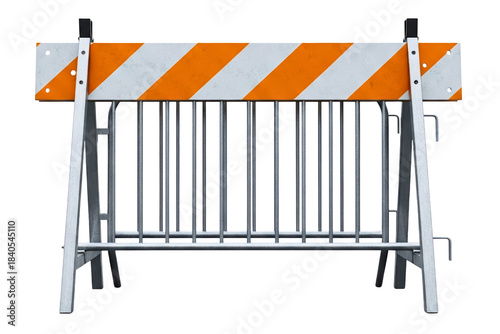 Metal construction barricade with orange and white safety stripes isolated on a transparent background