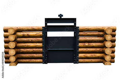 Wooden log wall structure with black metal sliding sluice gate isolated on a transparent background