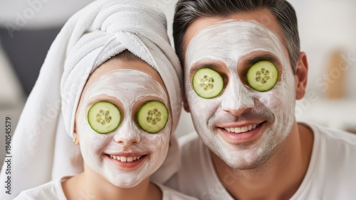 Father and daughter enjoying a spa day at home, applying face masks and cucumber slices over eyes for relaxation and skincare