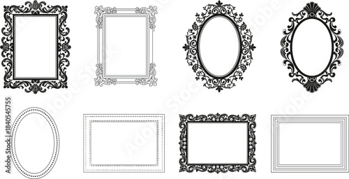 Elegant vintage ornate baroque frames, antique decorative scroll borders, oval and rectangular silhouette templates for mirrors, photos, and diplomas, isolated black and white vector set