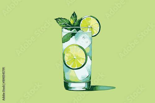 Refreshing watercolor illustration of a tall glass filled with ice cold lemonade and sliced lemons with a straw