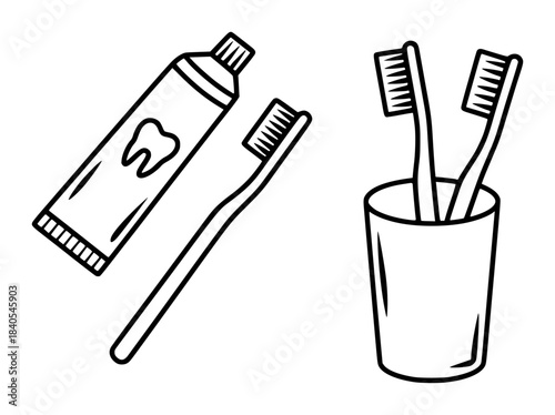 Black and white line of toothpaste tube toothbrush and toothbrush holder with two toothbrushes