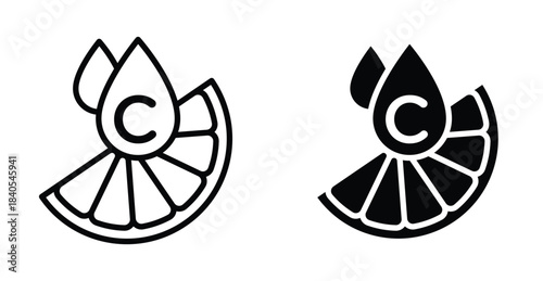 Vitamin C icon set. Vitamin C vector symbol in black filled and outlined style.