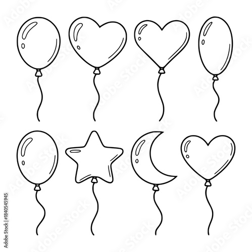 Black and white line of various shaped balloons with strings heart star