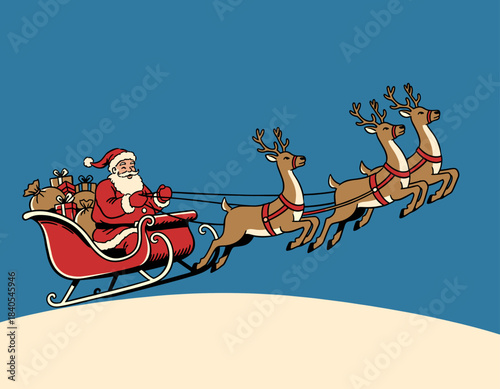 Cheerful, classic illustration of Santa Claus in motion, holding a large green sack full of presents and waving happily next to a decorated Christmas tree with ornaments and a star. Ideal for festive 