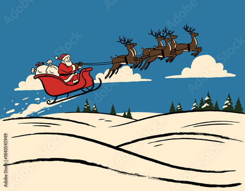 Cheerful, classic illustration of Santa Claus in motion, holding a large green sack full of presents and waving happily next to a decorated Christmas tree with ornaments and a star. Ideal for festive 