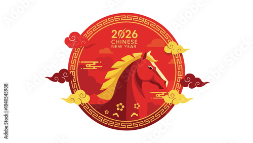 Vibrant vector illustration of a majestic red horse, symbolizing the 2026 Chinese New Year celebration, featuring traditional cultural elements and auspicious design