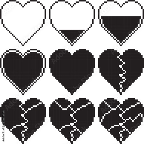 Love, heart crack and empty to full health icon black-white vector pixel art icon