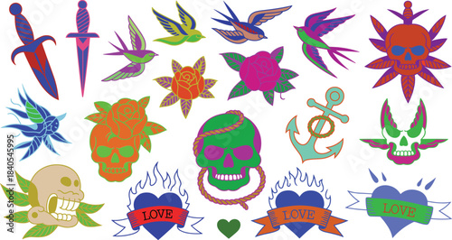 Black and white traditional tattoo flash sheet with skulls, daggers, roses, swallows, hearts, anchors, and love banner vintage art