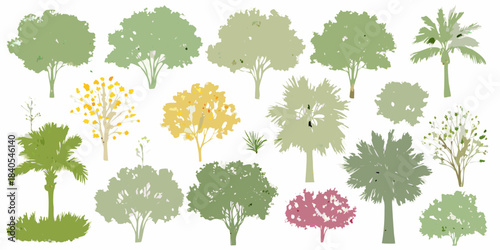 A collection of various stylized trees and foliage in different shades