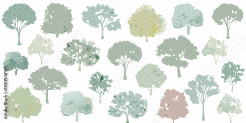Collection of stylized trees in varying shades of green and muted tones