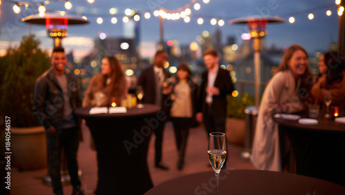 Urban Rooftop Social Event: Evening Gathering with Friends, Patio Heaters, String Lights, City Views