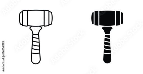 Wooden mallet hammer icon set. Wooden mallet hammer vector symbol in black filled and outlined style.