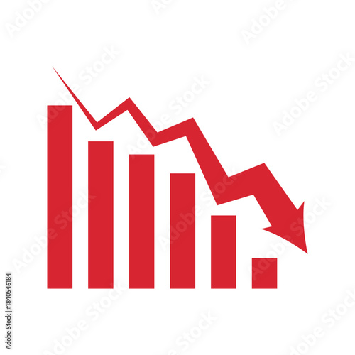Graph going down sign with red arrows vector. Bar chart symbol icon with arrow moving down and sales bar chart.