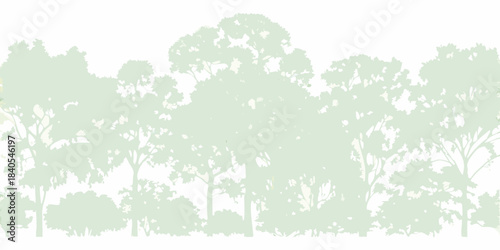 A serene landscape featuring a dense silhouette of green trees