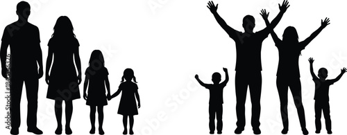 Family silhouettes standing and cheering, black vector illustration of happy parents, father, mother, son, and daughter with raised hands for togetherness and celebration on white background.
