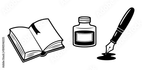 Black and white of open book ink bottle and fountain pen dripping ink pages