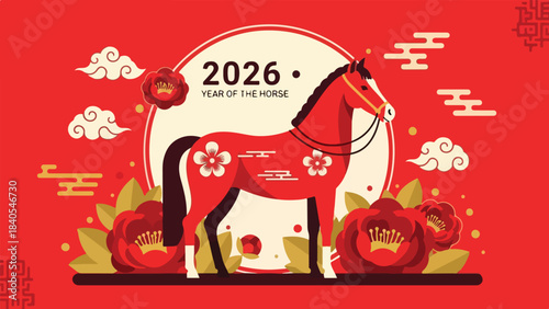Auspicious vector illustration for Chinese New Year 2026, featuring the elegant Year of the Horse amidst traditional clouds and vibrant red floral decorations, symbolizing prosperity and good fortune