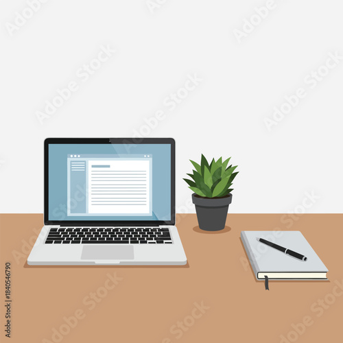 Modern workspace with laptop plant notebook and pen on a wooden surface