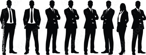 Full-length silhouettes of diverse professional business people group standing in suits, confident men and one woman posing with arms crossed, corporate team, leadership,  isolated vector illustration