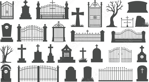 Black raven illustration and gothic graveyard silhouette set, spooky Halloween vector design with tombstones, crosses, iron gates, and eerie tree elements