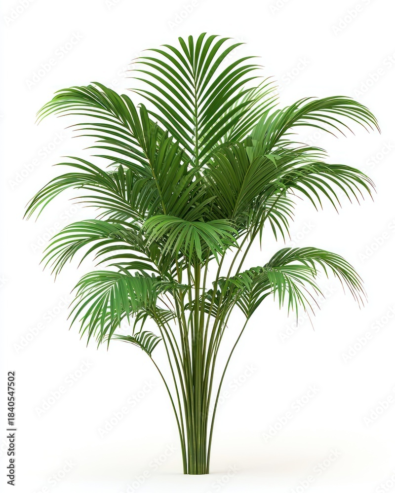 Fototapeta premium Lush green palm tree, with multiple trunks, against a white background
