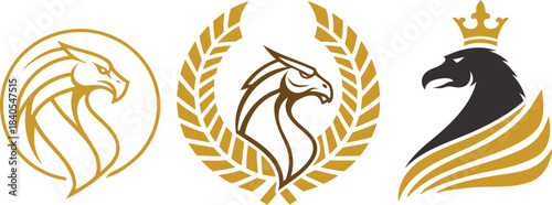 Mega logo collection with abstract geometric designs in golden gradient, modern branding elements, luxury emblem set for corporate identity, premium metallic logo concepts