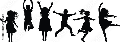 Happy cheerful jumping and dancing children silhouettes, boys and girls celebrating, expressing joy, fun, and freedom, black flat vector illustration isolated on white background