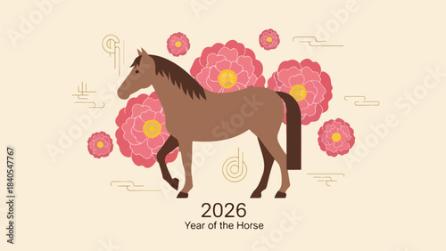 Elegant flat illustration of a majestic brown horse with blooming flowers celebrating the 2026 Year of the Horse and Lunar New Year