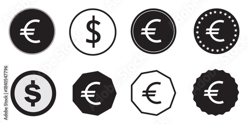 dollar and euro currency icon set, vector symbols representing money, finance, wallet, payment, and banking concepts for digital applications, web design, and financial business