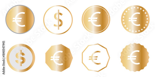 dollar and euro currency icon set, vector symbols representing money, finance, wallet, payment, and banking concepts for digital applications, web design, and financial business