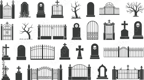 Black raven illustration and gothic graveyard silhouette set, spooky Halloween vector design with tombstones, crosses, iron gates, and eerie tree elements