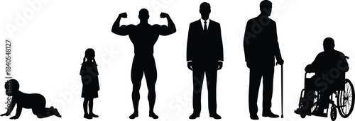 Human life cycle stages silhouette collection from infancy to old age, representing growth, development, maturity, and decline, for conceptual age and health projects