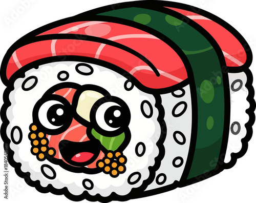 Cute Cartoon Sushi Roll Character with Salmon and Roe.