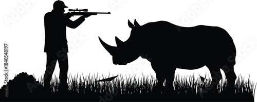 Illegal Wildlife Hunter Aiming with Sniper Rifle in African Safari Grassland, Conservation, Cruelty and Crime Concept Vector Illustration