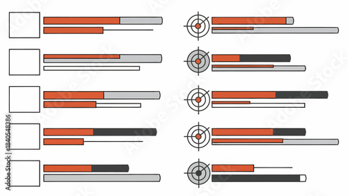 Visualizing Business Targets: Progress bars and bullseye targets graphically represent business objectives, showing stages of completion and pinpointing achievement goals.