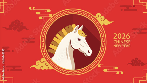 Year of the Horse 2026 Chinese New Year Celebration Illustration with Golden Clouds and Red Background