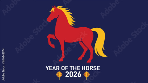 Vibrant red horse illustration symbolizing the Chinese Zodiac Year of the Horse 2026, featuring traditional lanterns and cultural design elements for festive greetings