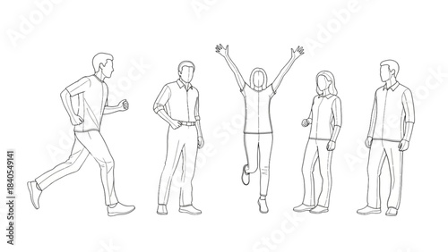 A conceptual auto cad drawing of diverse people in motion and at rest.