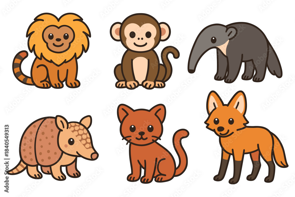 Fototapeta premium Cute cartoon animals collection featuring lion, monkey, anteater, armadillo, cat, and fox