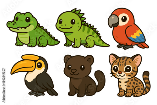 Cute cartoon animals: crocodile, dinosaur, parrot, toucan, bear, and cat