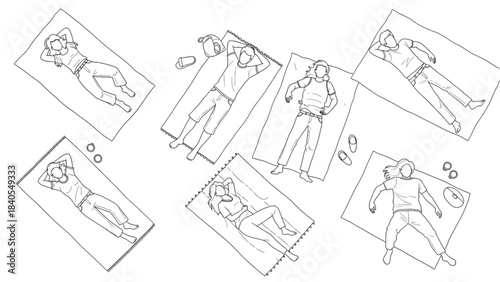 Relaxing group depicted in an abstract overhead auto cad drawing, showcasing leisure