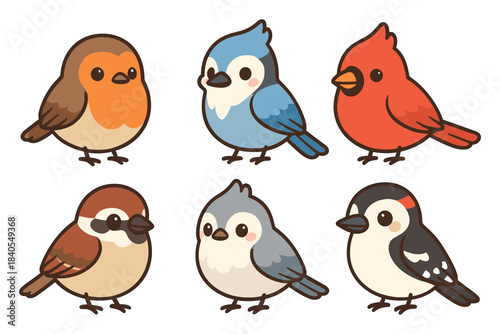 Cute cartoon birds set with various species in flat style