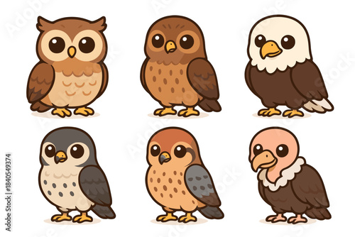 Cute cartoon birds of prey set with owl and eagle characters