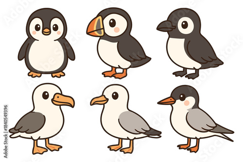 Cute cartoon arctic and seabirds collection in adorable style