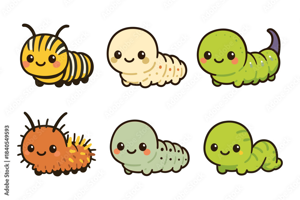 Obraz premium Cute and colorful cartoon caterpillars set with various expressions